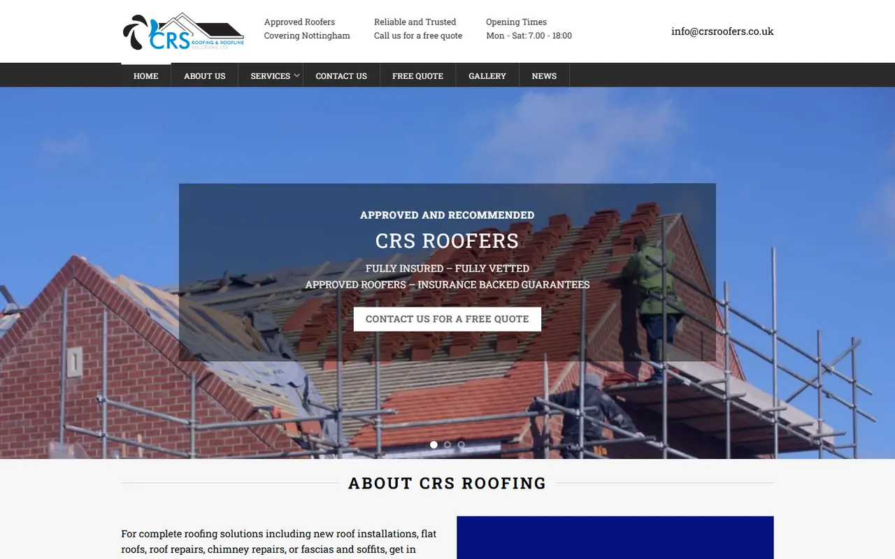 Desktop preview of the CRS Roofers website