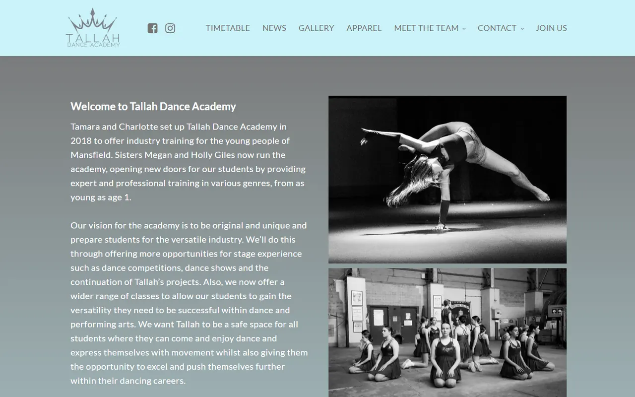 Desktop preview of the Tallah Dance website