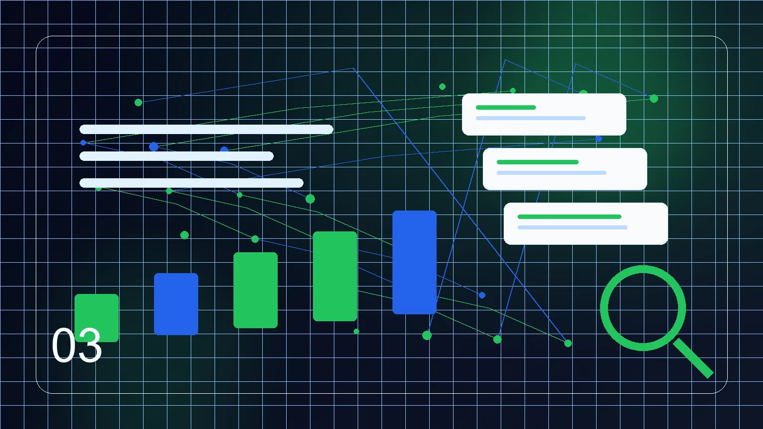 Abstract technical search engine optimization system with connected code blocks and performance signals