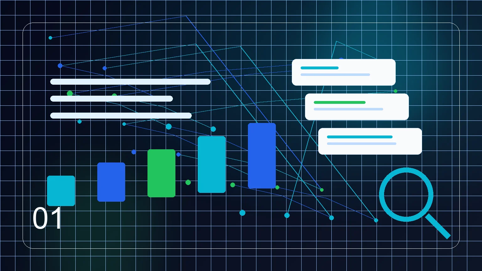 Abstract search visibility dashboard with connected pages and ranking signals