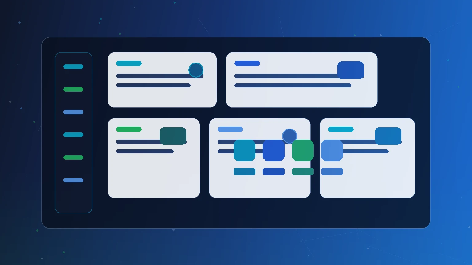 Abstract brand consistency board with colour blocks, social cards and connected digital channels