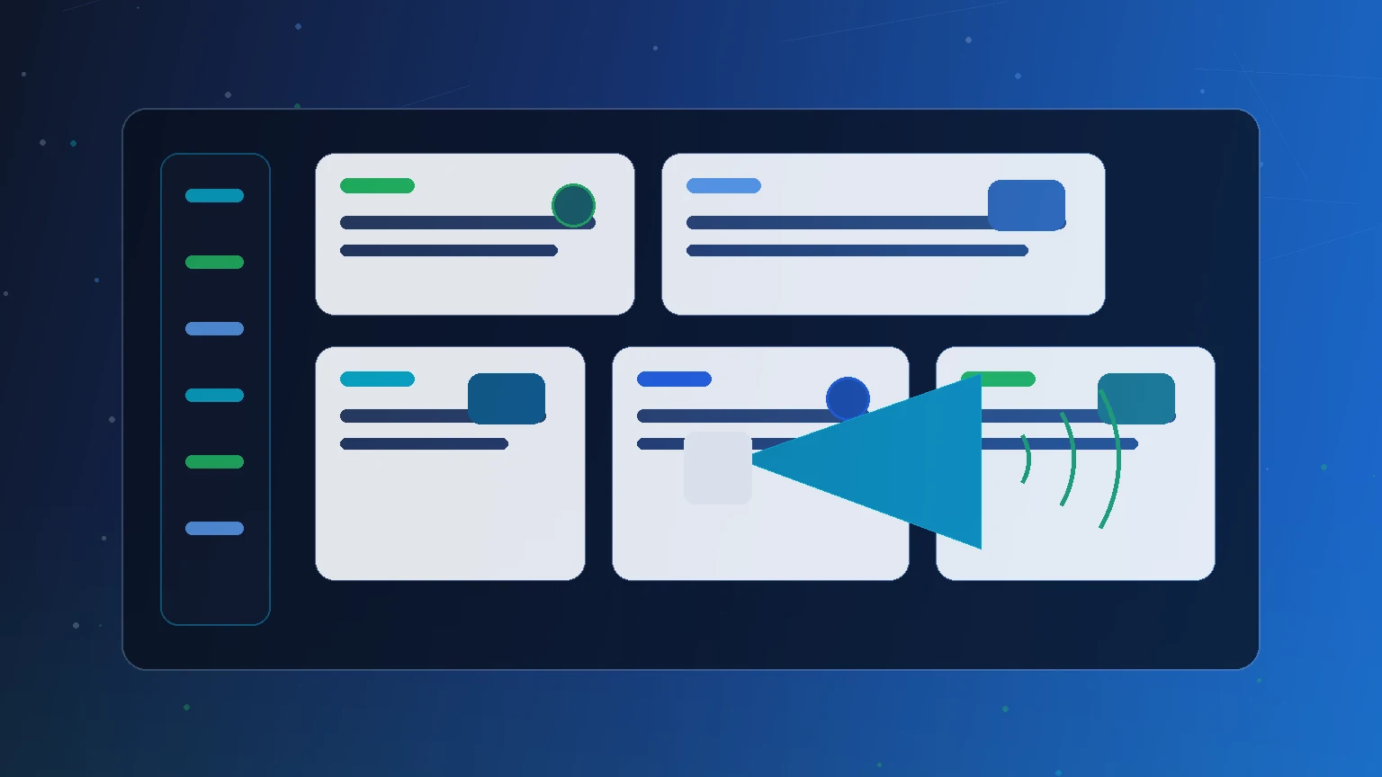 Abstract social media campaign dashboard with launch signals, message waves and content cards