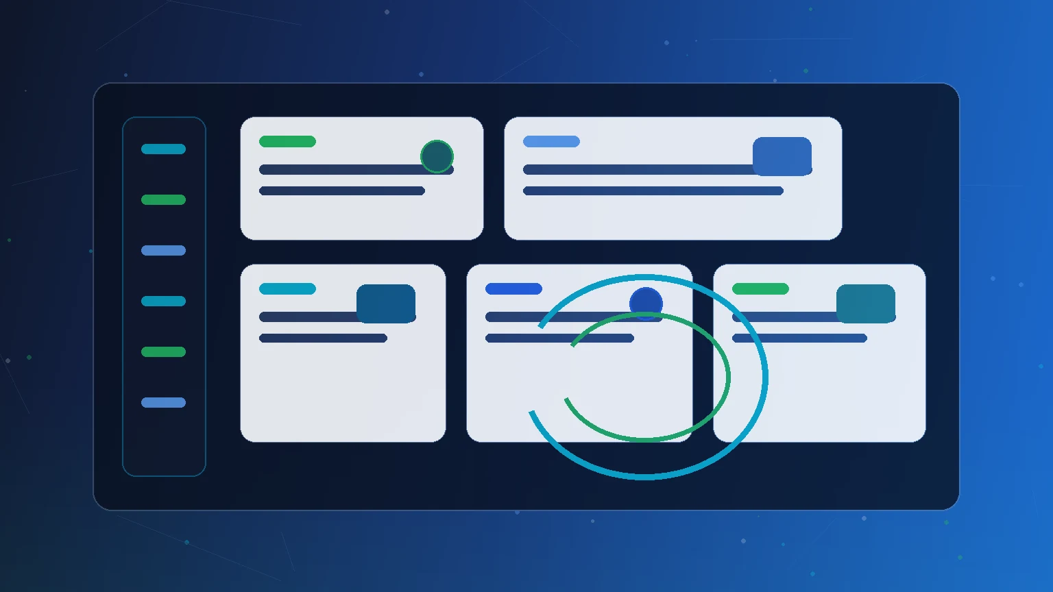 Abstract social media strategy dashboard with connected content cards and campaign signals