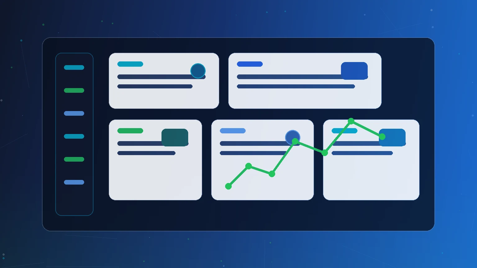 Abstract social media reporting dashboard with charts, engagement signals and improvement path
