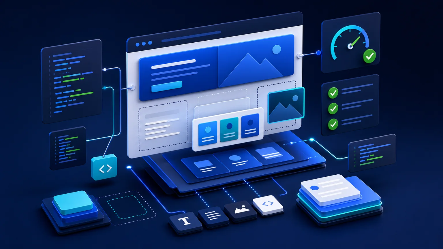 Abstract modular website build with components, responsive panels and performance signals