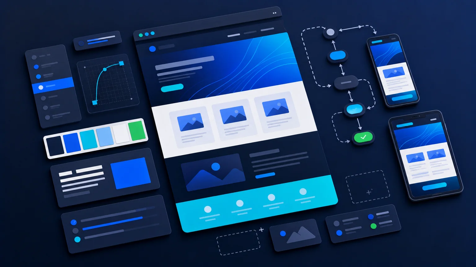 Abstract website design canvas with component cards, colour swatches and responsive frames