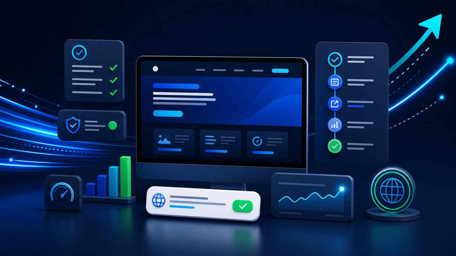 Abstract website launch dashboard with checks, live status panels and enquiry route signals