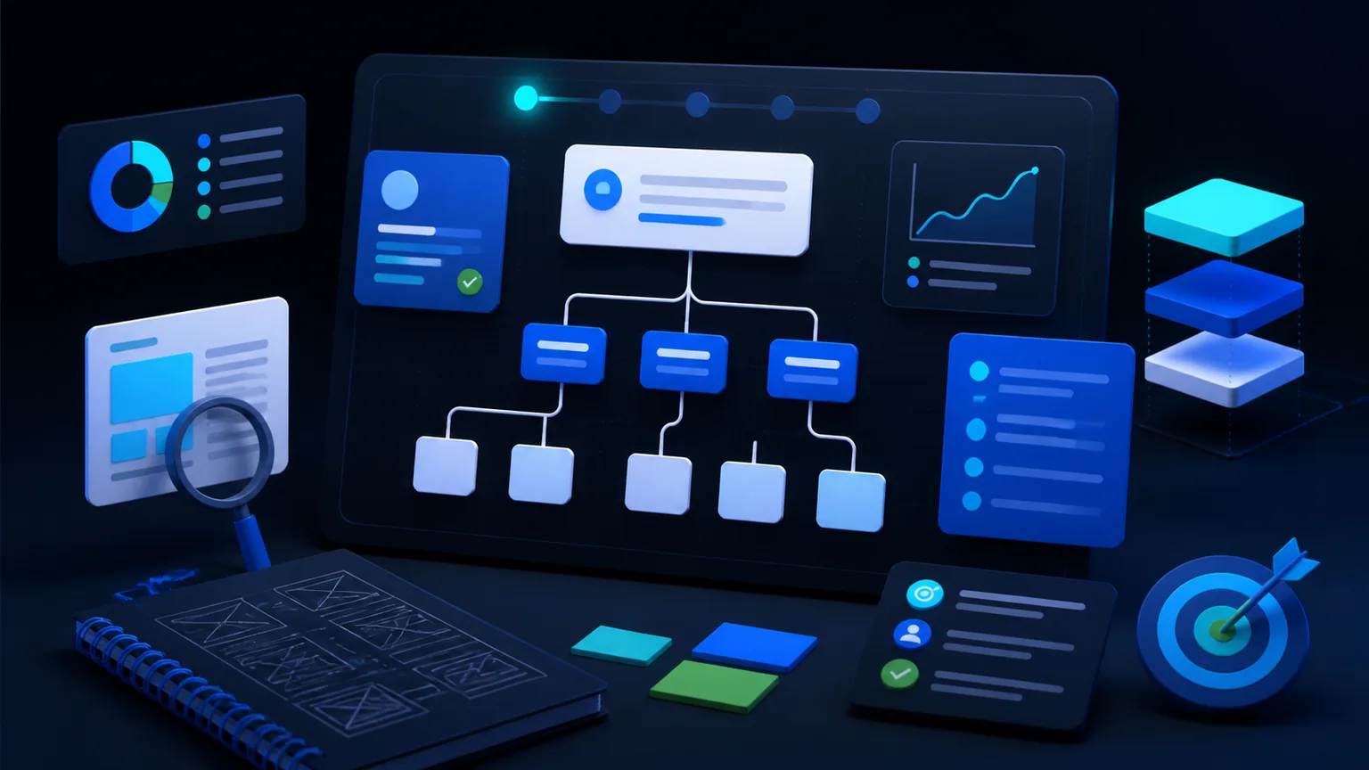Abstract planning board with sitemap nodes, service cards and search intent signals